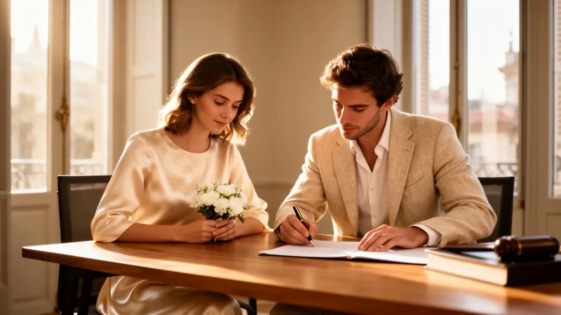 Pareja firmando ante Notario en Barcelona, luz natural y atmósfera elegante
